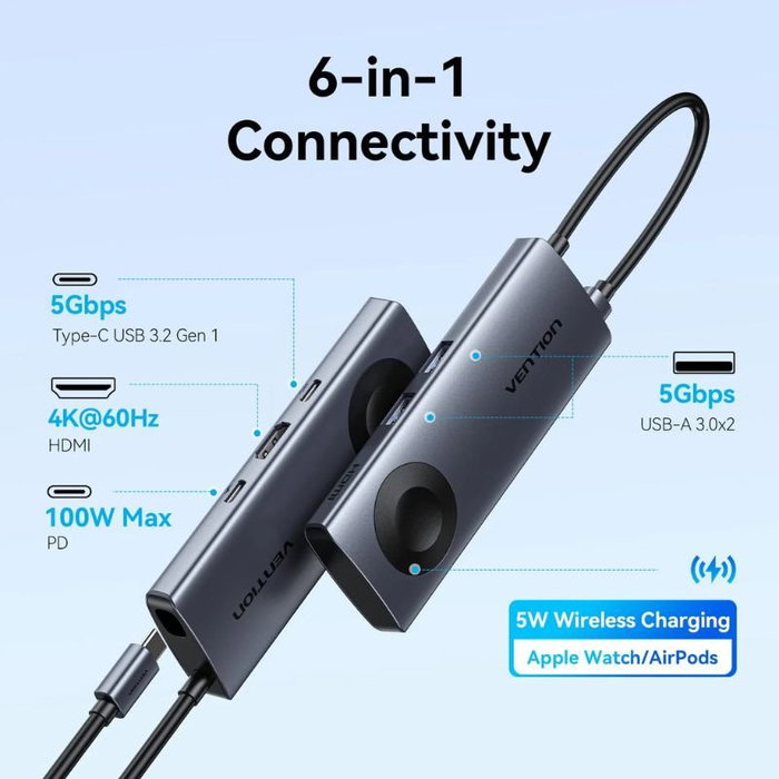 Vention TPMHB Docking Station USB-C con Carga Inalámbrica y HDMI 4K, Gris